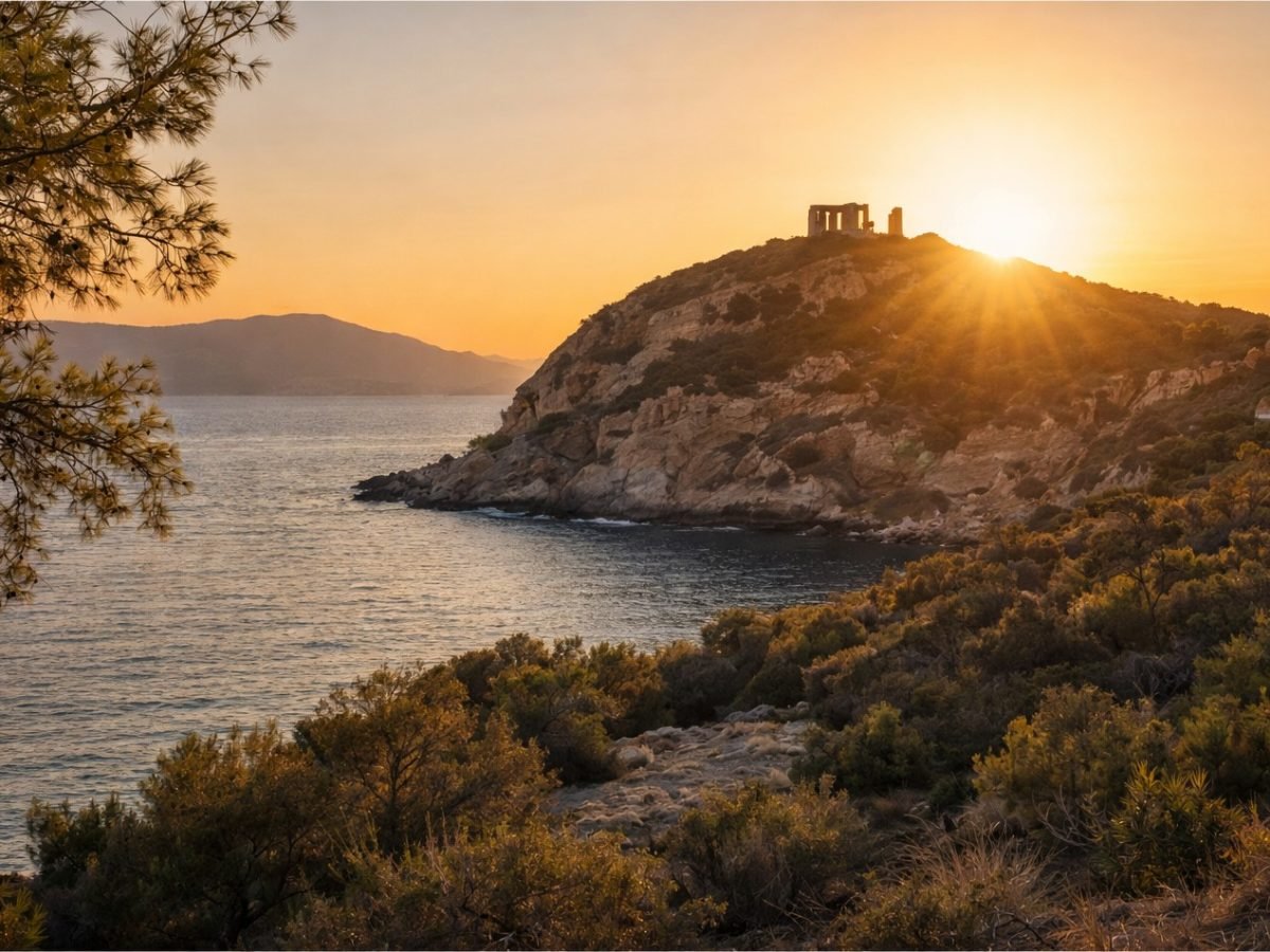 Cape Sounio coastline at sunset overlooking the Aegean Sea
