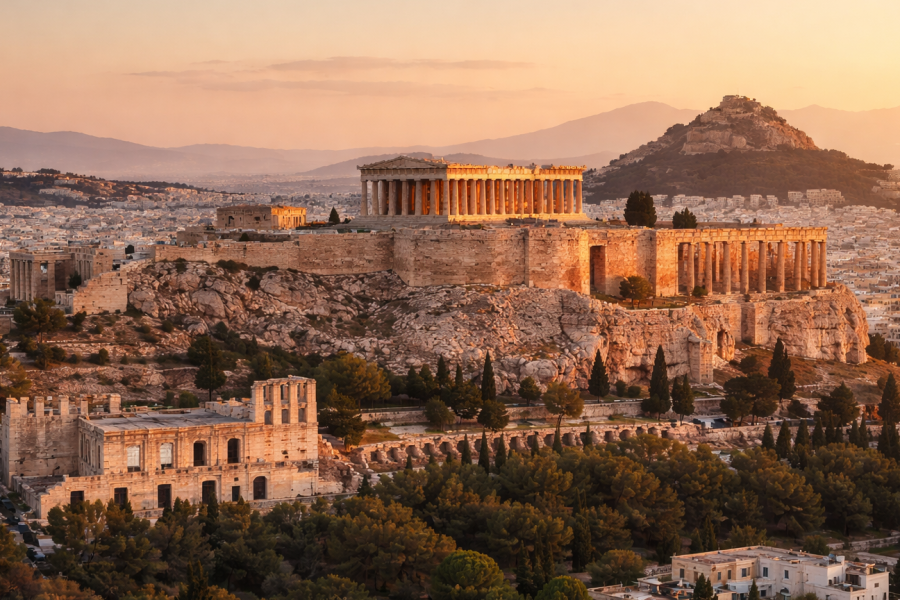 Acropolis of Athens at golden hour with the Parthenon illuminated above the city skyline