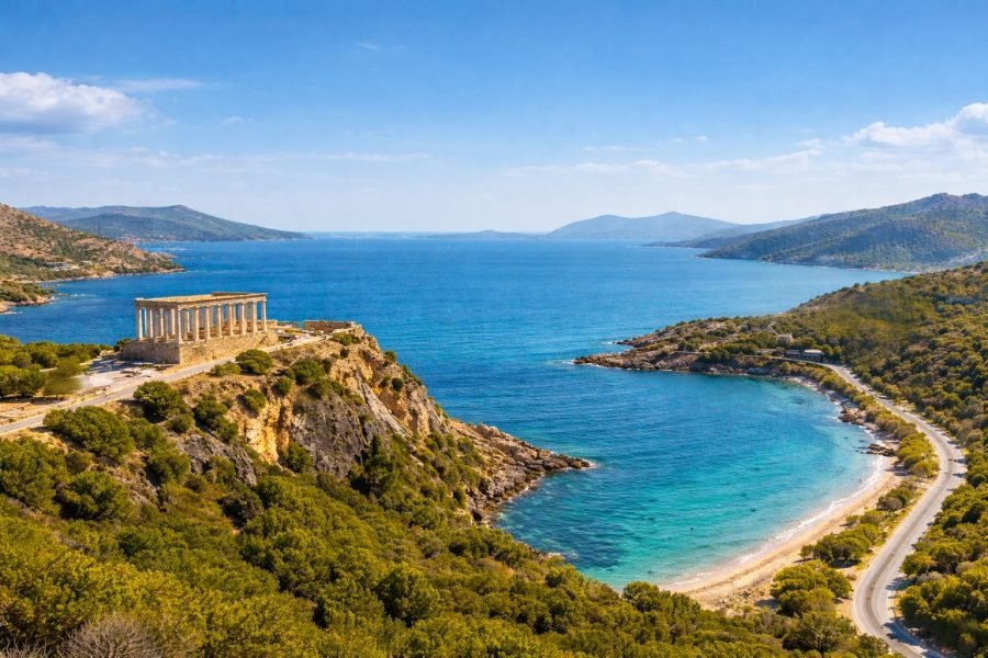 Temple of Poseidon at Cape Sounio overlooking the Aegean Sea with turquoise bay and coastal road in Attica, Greece.