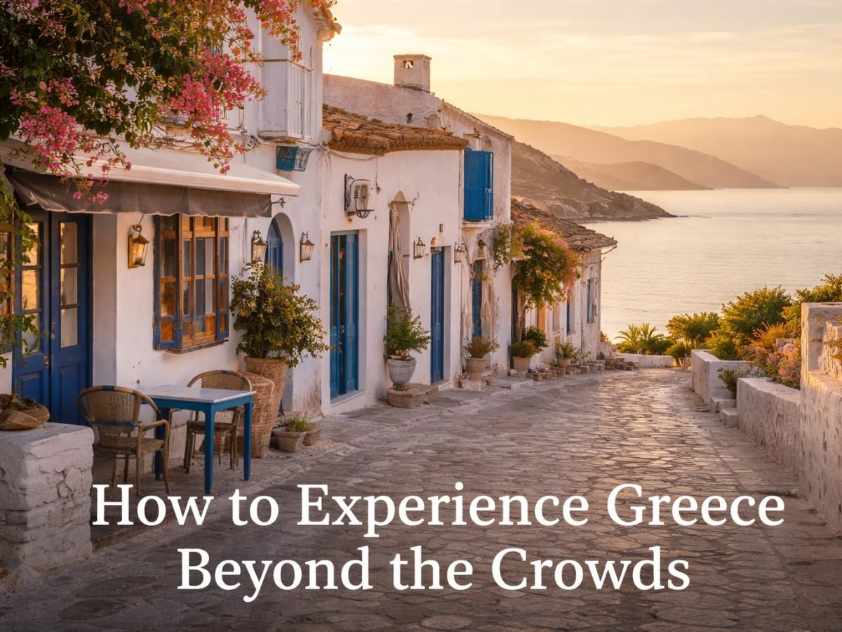 Traditional Greek seaside village at sunset with white houses and blue doors overlooking the sea.
