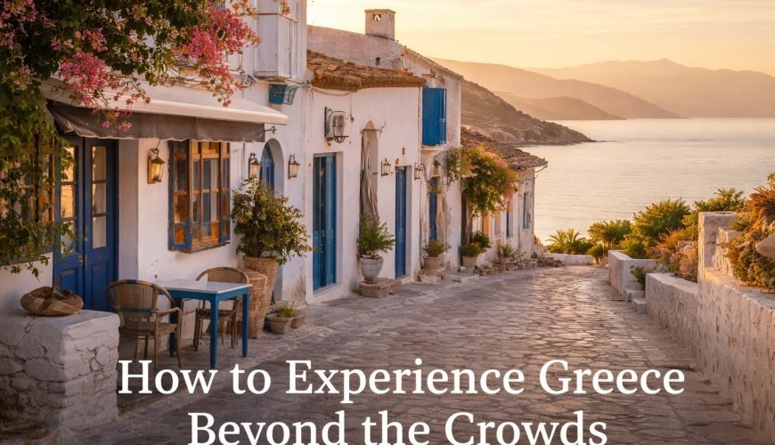 Traditional Greek seaside village at sunset with white houses and blue doors overlooking the sea.