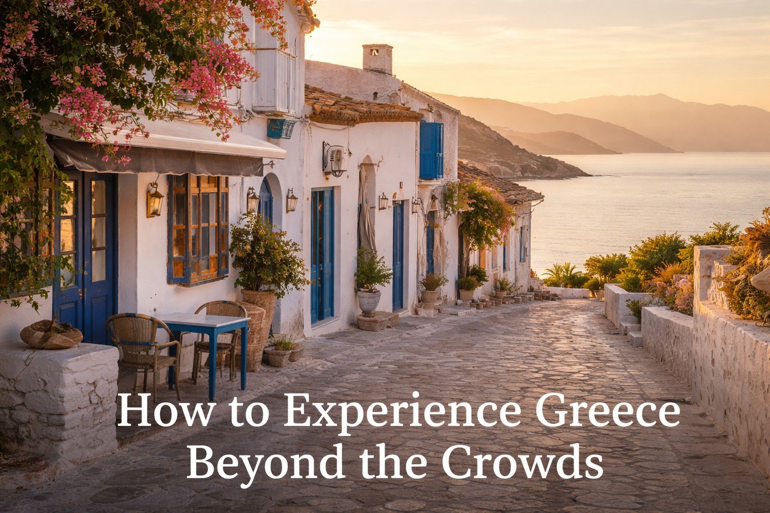 Traditional Greek seaside village at sunset with white houses and blue doors overlooking the sea.