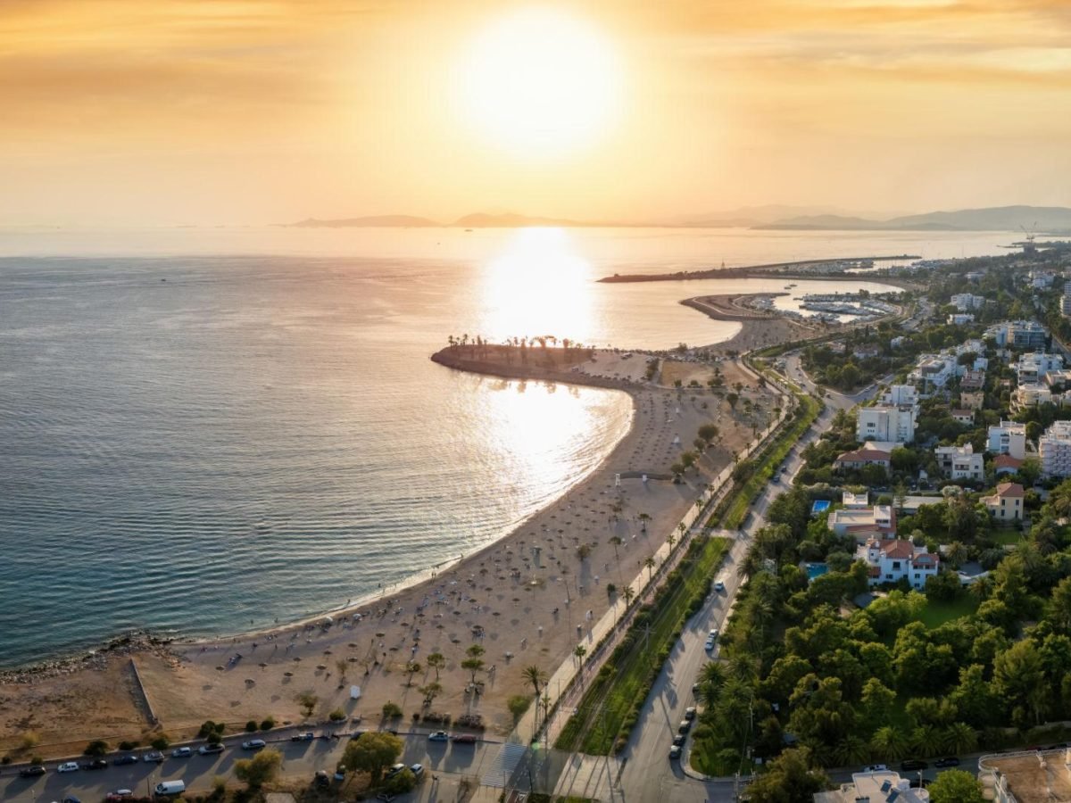 Glyfada coastline at sunset on the Athens Riviera, southern suburb of Athens, Greece