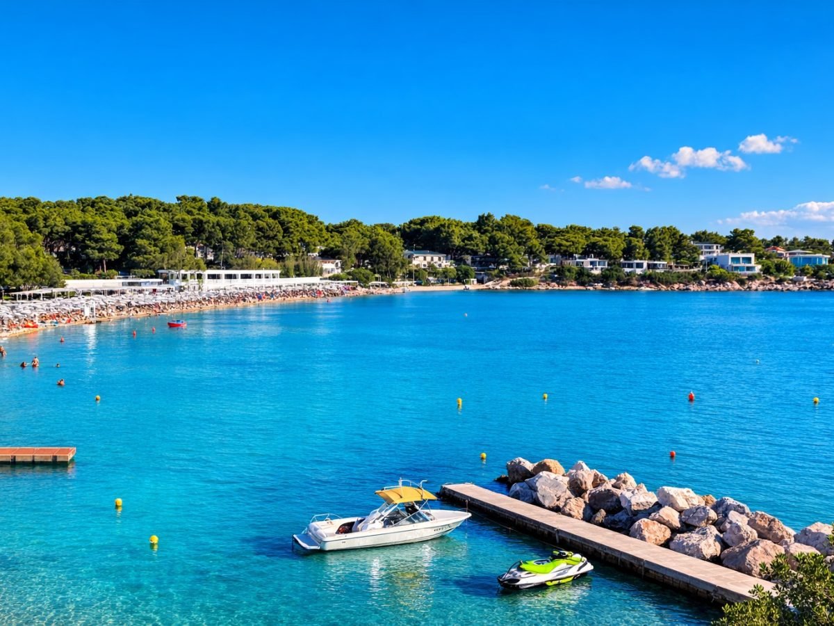 View of the Athens Riviera coastline south of Athens with clear blue water, boats and beach.
