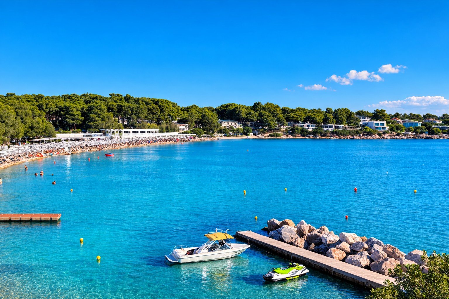 View of the Athens Riviera coastline south of Athens with clear blue water, boats and beach.