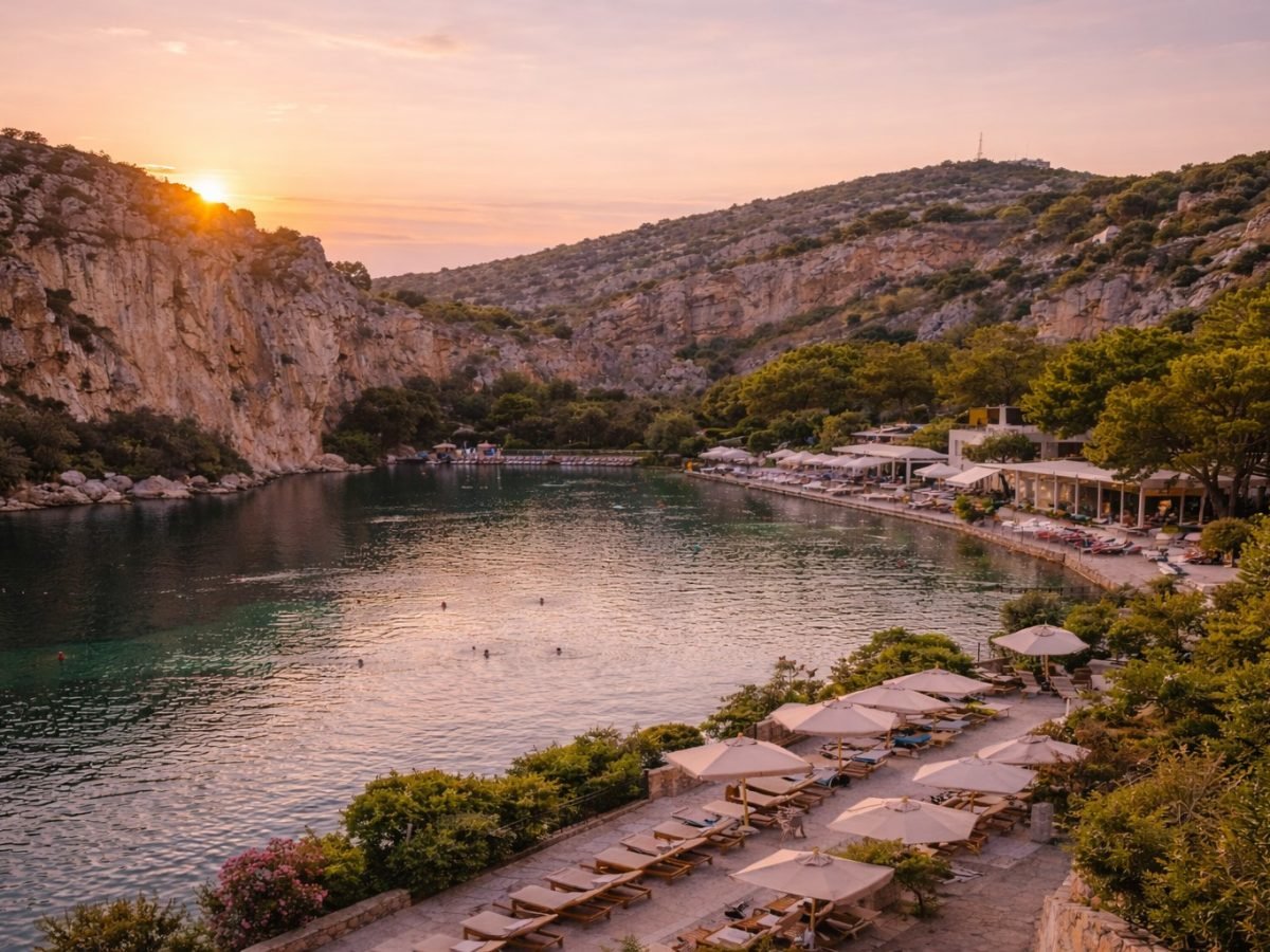 Lake Vouliagmeni on the Athenian Riviera at golden hour, a serene coastal escape beyond central Athens.