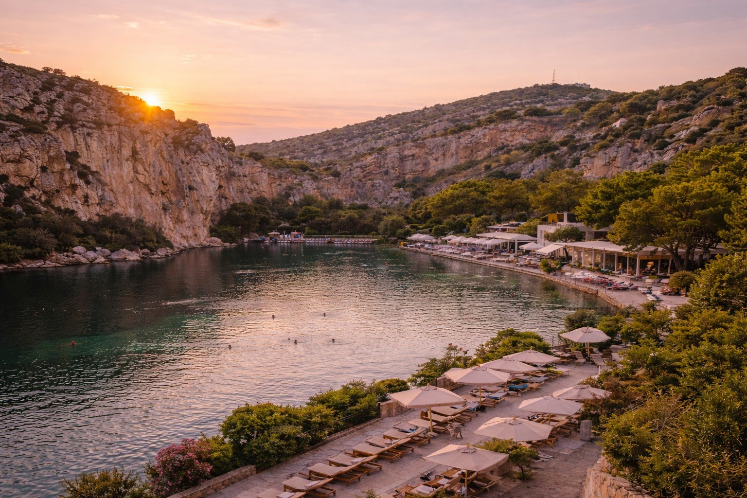 Lake Vouliagmeni on the Athenian Riviera at golden hour, a serene coastal escape beyond central Athens.