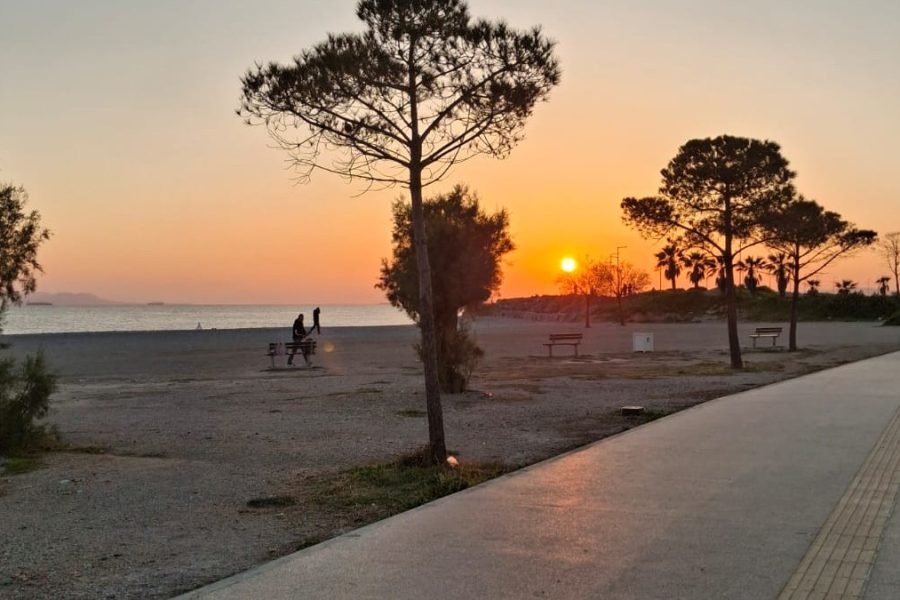 Sunset along Glyfada beach promenade, Athens Riviera