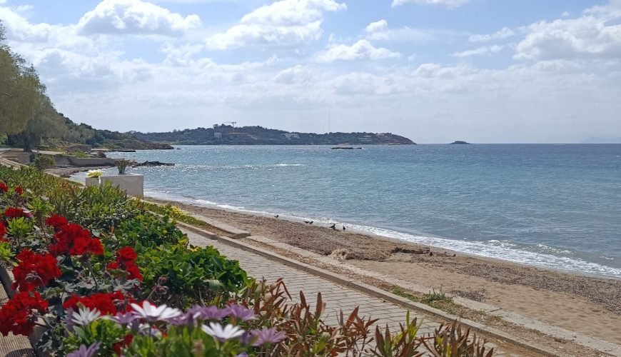 Athens Riviera coastline with flowers and summer sea views