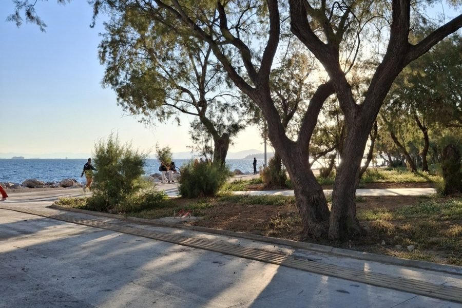 Tree-lined coastal promenade along the Athens Riviera during golden hour